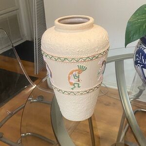 Textured Cream Vase with Colorful Figures